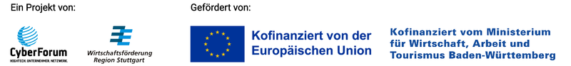 Logoleiste der Förderer des Förderprojekts BQD, Kofinanziert von der EU, Kofinanziert vom Ministerium für Wirtschaft, Arbeit und Tourismus Baden-Württemberg, Logo des Cyberforums und der Wirtschaftsförderung Region Stuttgart (WRS) 